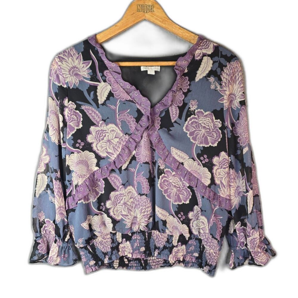 Cato Purple Floral Blouse Large Lace Trim Smocked Hem Boho Ruffle Sleeve